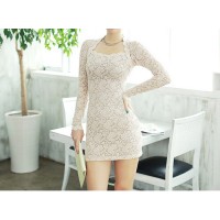Glamour Scoop Neck Solid Color Long Sleeves Bodycon Lace Dress For Women